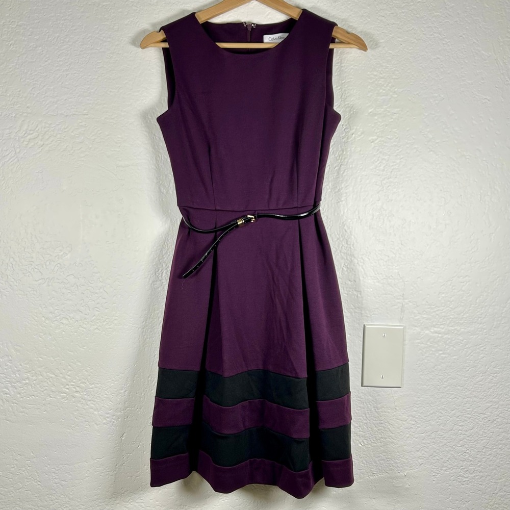 Calvin Klein Sheathβ Dress Purple Black Striped Belted Sleeveless Size 4P